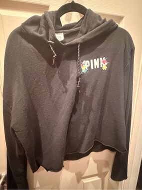 PINK Victoria's Secret Black Cropped Hoodie with Floral Logo
